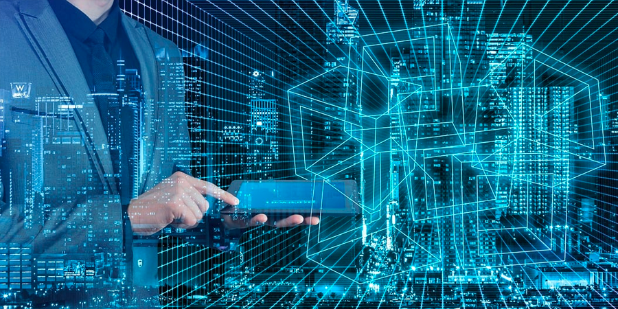 person holding a cell phone and projecting a blue digital landscape